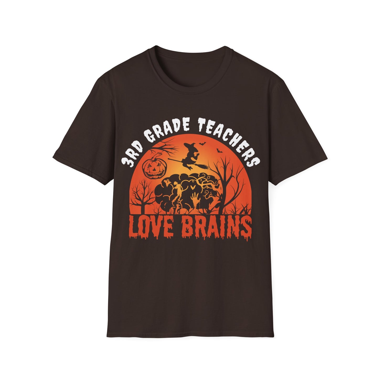 3rd Grade Teachers Love Brains Halloween Shirt | Witch and Pumpkin Zombie Tee