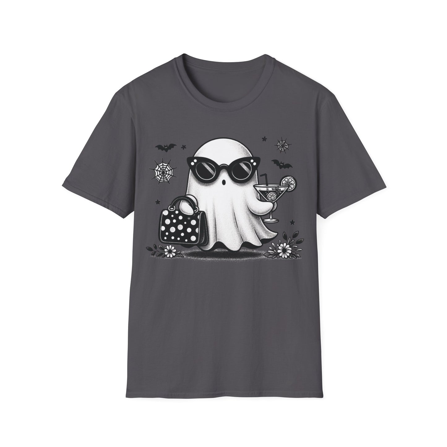 Stylish Ghost Cocktail Halloween T-Shirt | Glam Spooky Graphic Tee