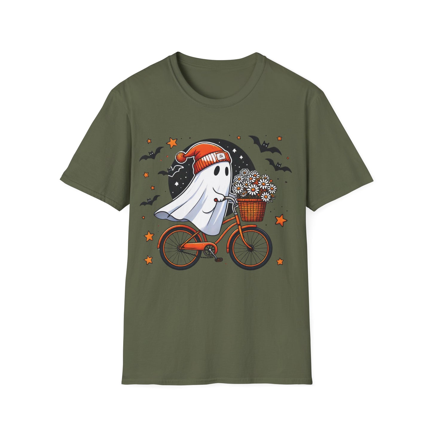 Ghost on Bicycle Halloween T-Shirt | Cute Spooky Bike Ride Graphic Tee