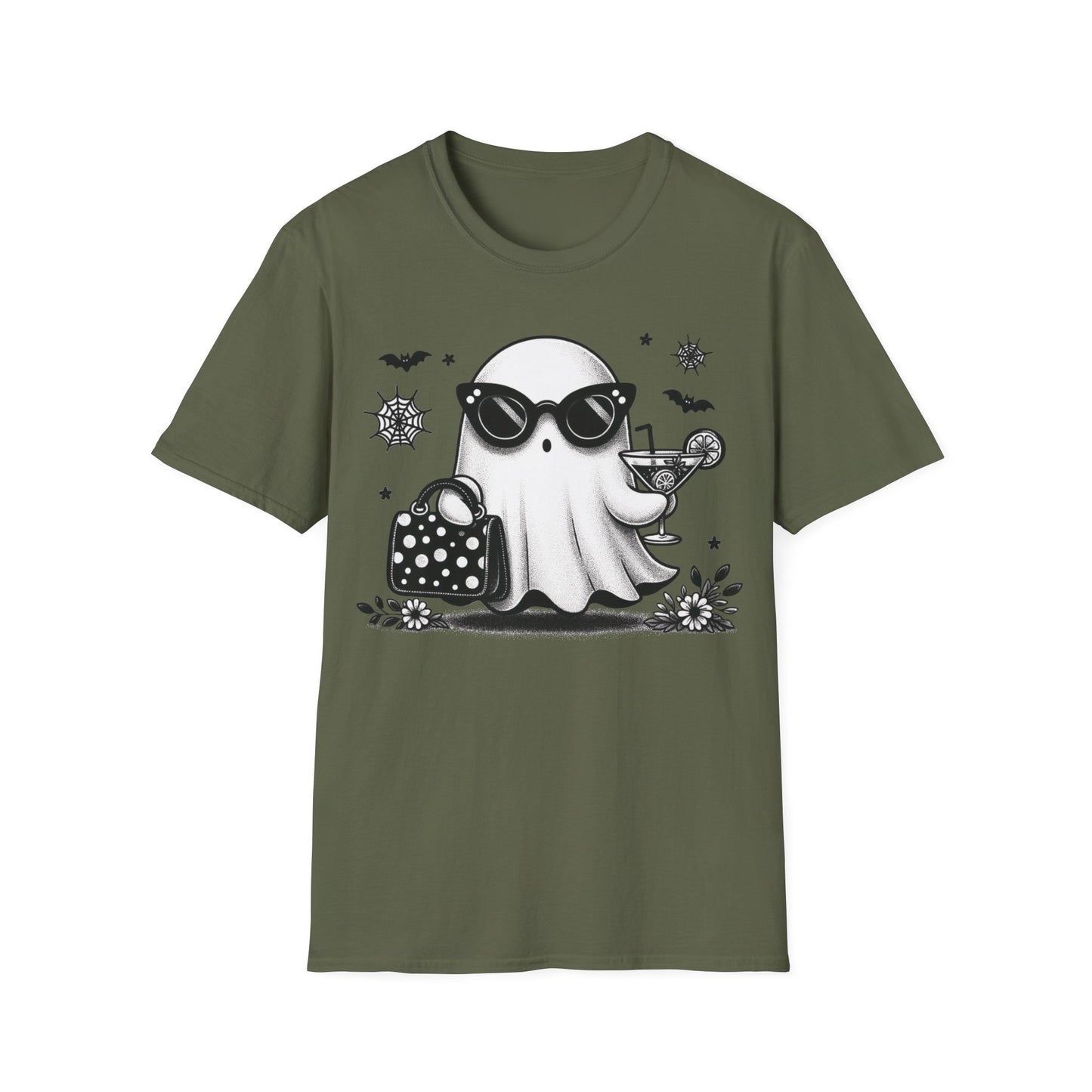 Stylish Ghost Cocktail Halloween T-Shirt | Glam Spooky Graphic Tee