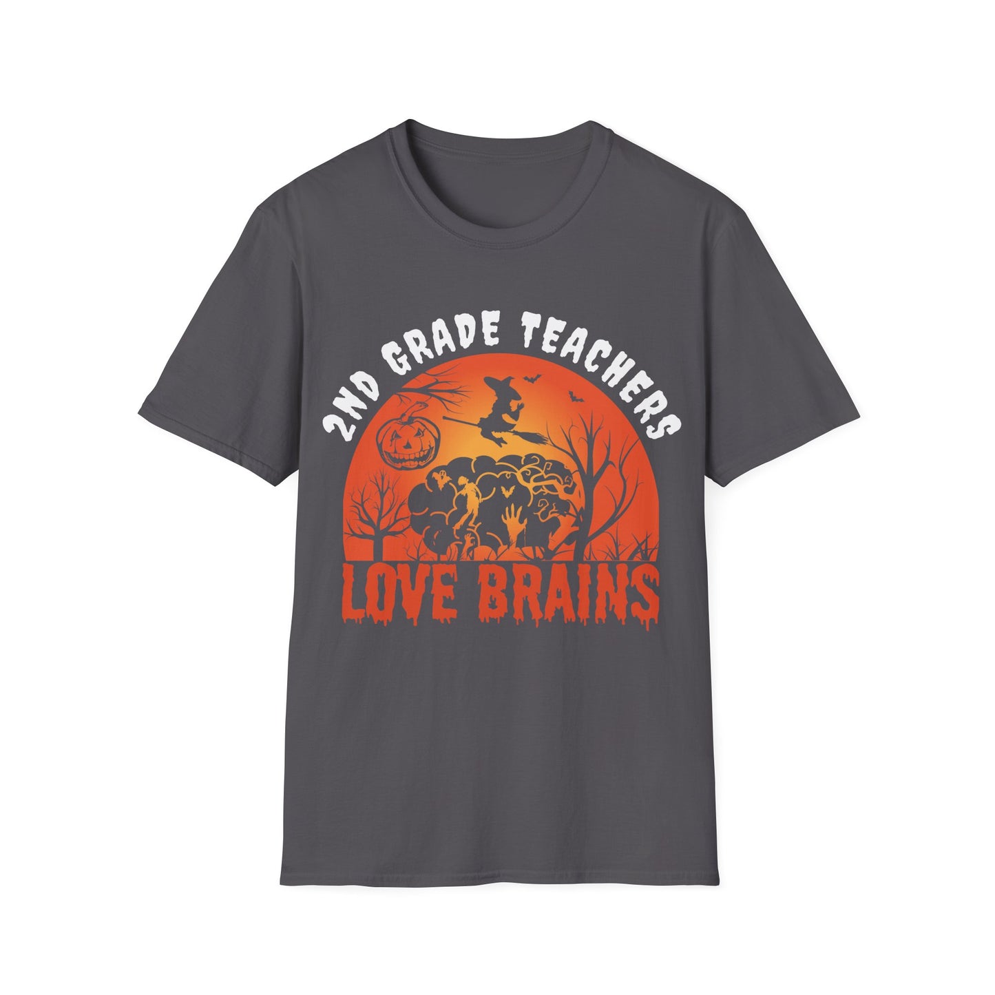 2nd Grade Teachers Love Brains Halloween Shirt | Witch and Pumpkin Zombie Tee