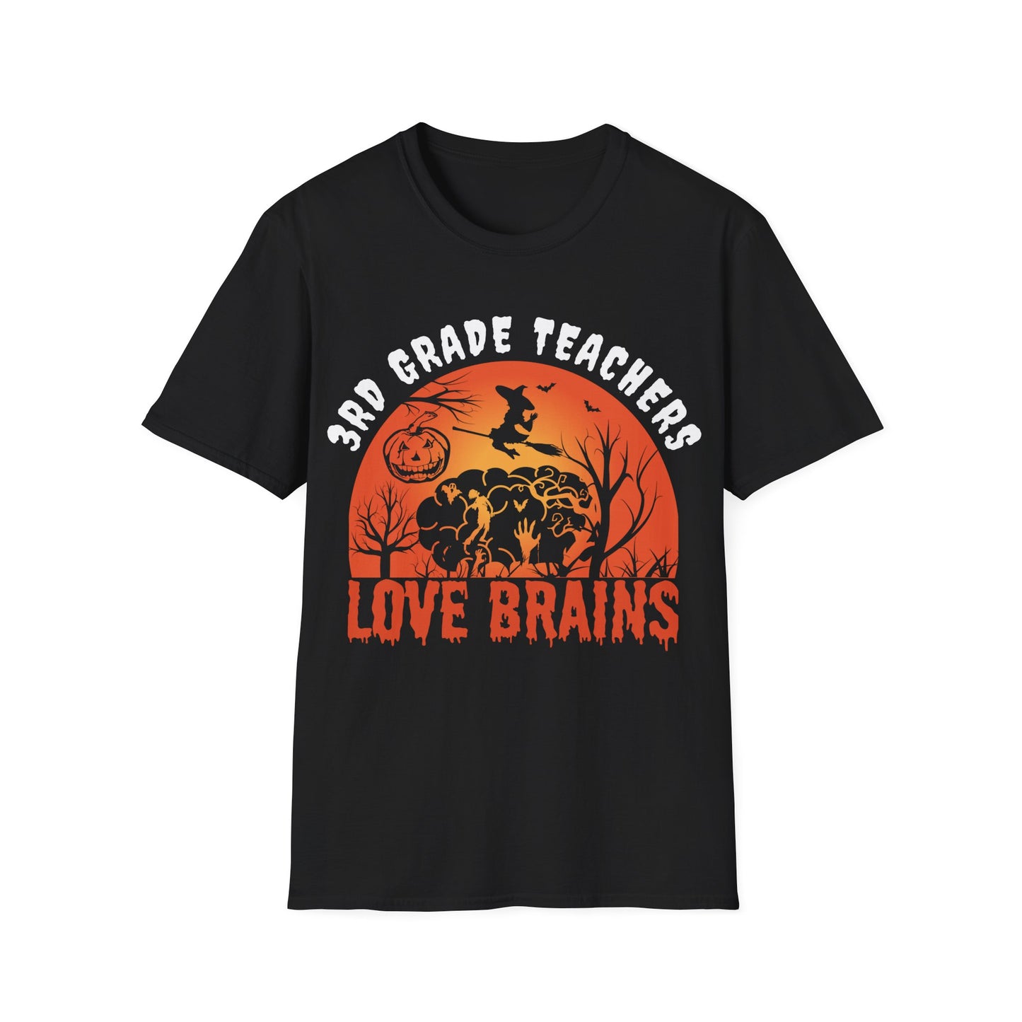 3rd Grade Teachers Love Brains Halloween Shirt | Witch and Pumpkin Zombie Tee