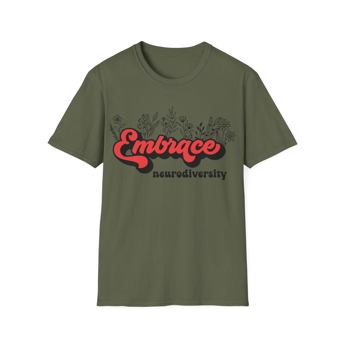 Embrace Diversity Red Graphic - Celebrating Neurodiversity + Inclusion - T-Shirt
