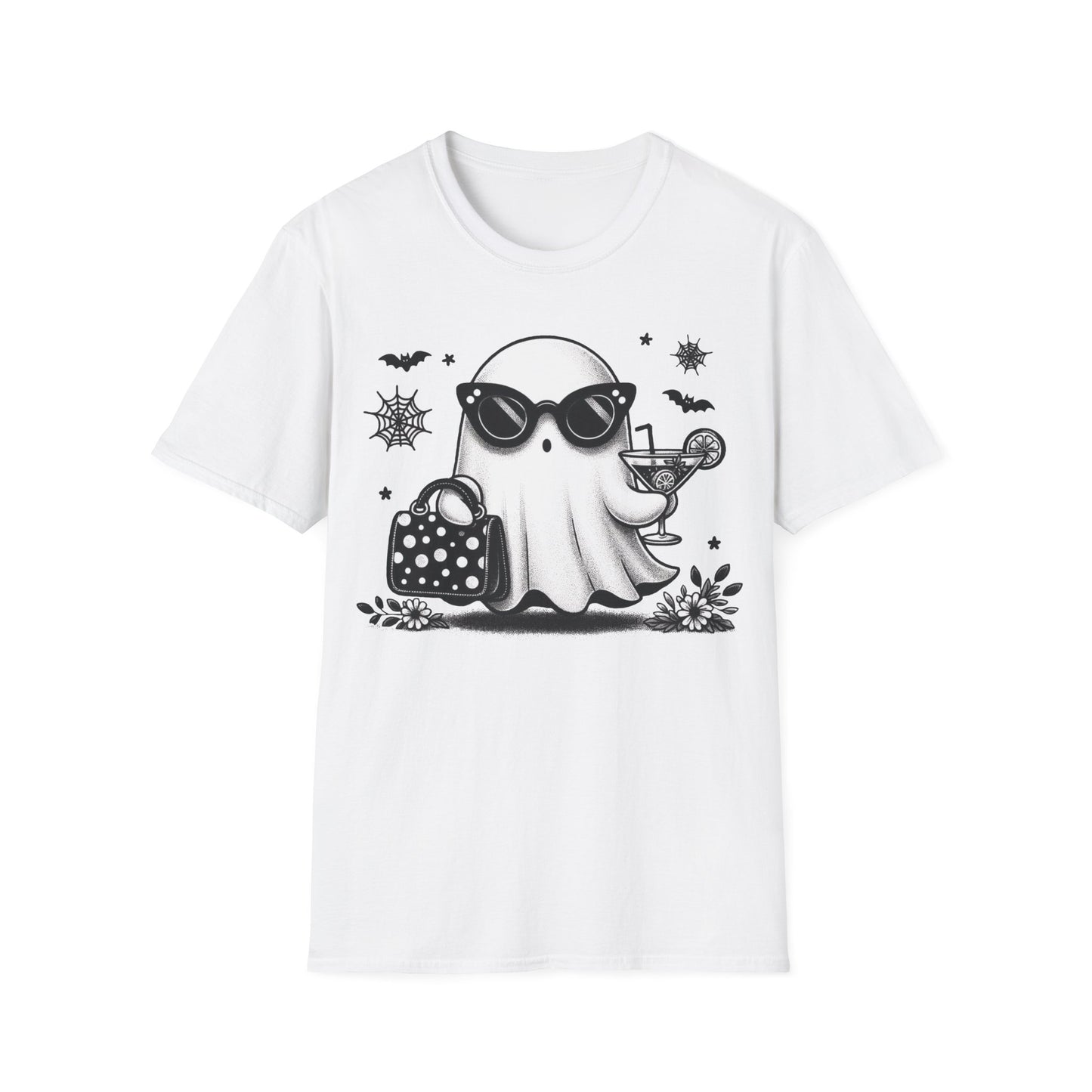 Stylish Ghost Cocktail Halloween T-Shirt | Glam Spooky Graphic Tee