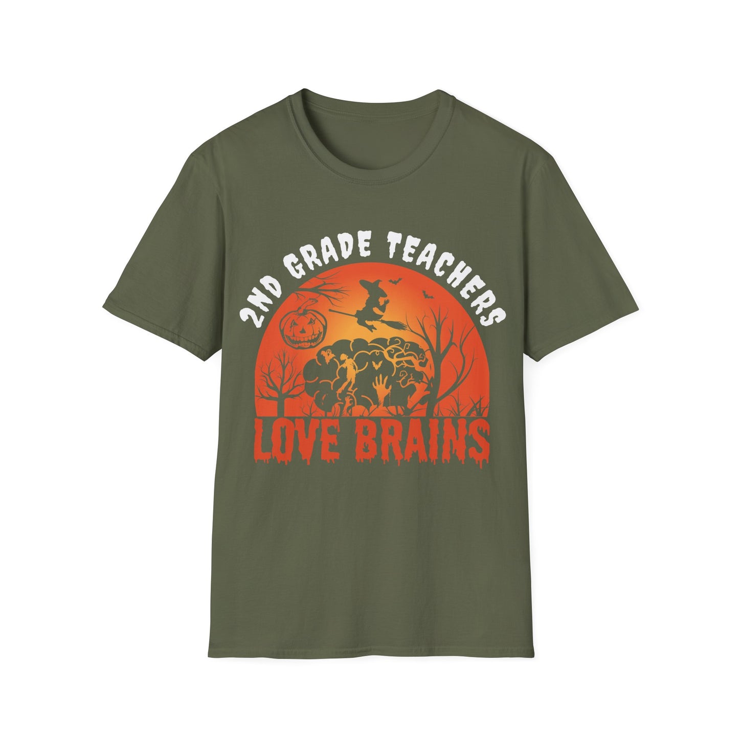 2nd Grade Teachers Love Brains Halloween Shirt | Witch and Pumpkin Zombie Tee