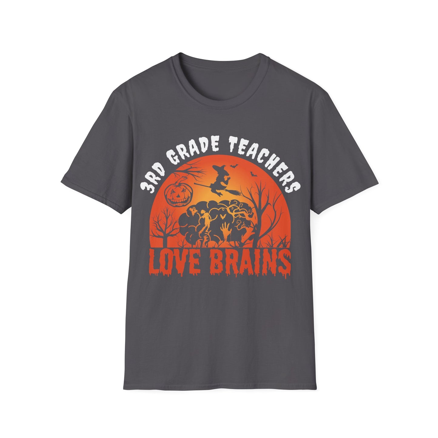 3rd Grade Teachers Love Brains Halloween Shirt | Witch and Pumpkin Zombie Tee