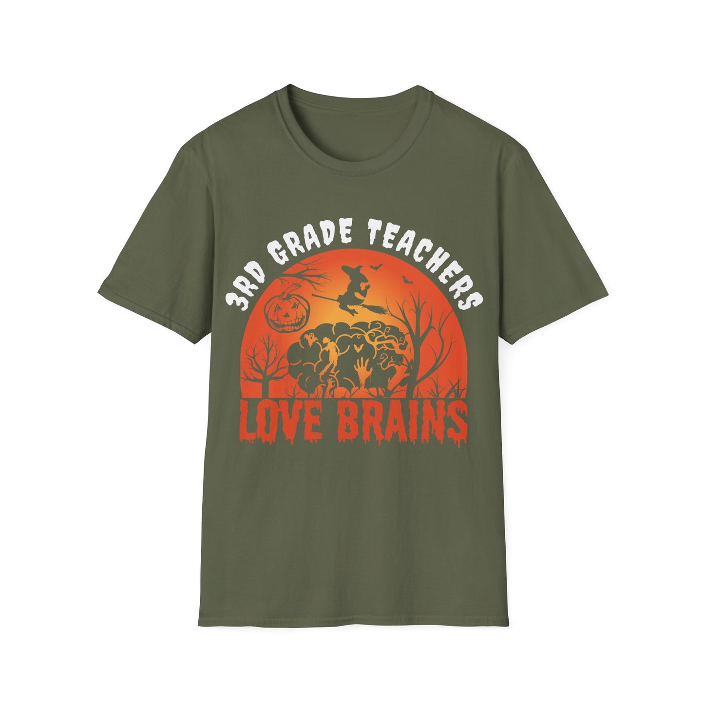 3rd Grade Teachers Love Brains Halloween Shirt | Witch and Pumpkin Zombie Tee