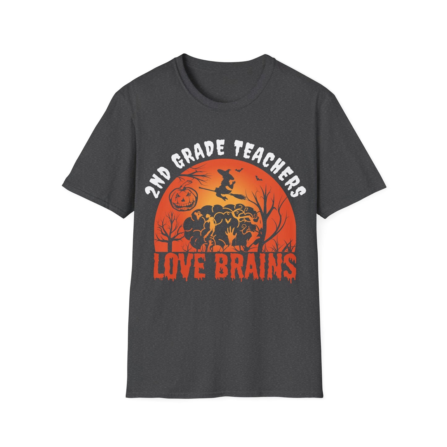 2nd Grade Teachers Love Brains Halloween Shirt | Witch and Pumpkin Zombie Tee