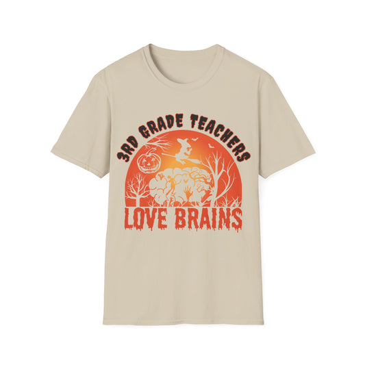 3rd Grade Teachers Love Brains Halloween Shirt | Witch and Pumpkin Zombie Tee