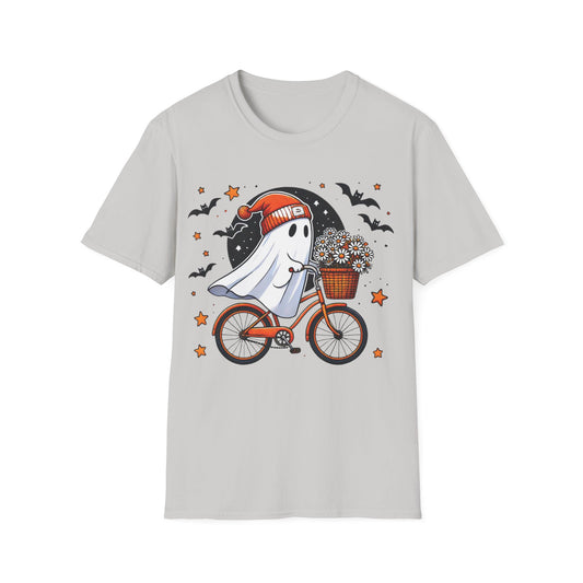 Ghost on Bicycle Halloween T-Shirt | Cute Spooky Bike Ride Graphic Tee