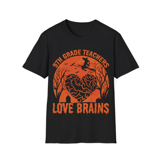 5th Grade Teachers Love Brains Halloween T-Shirt | Witch and Graveyard Zombie Tee