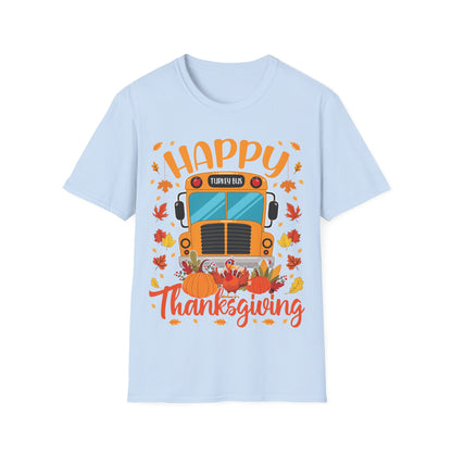 Happy Thanksgiving Turkey Bus Shirt – Cute Teacher + School Thanksgiving T-Shirt
