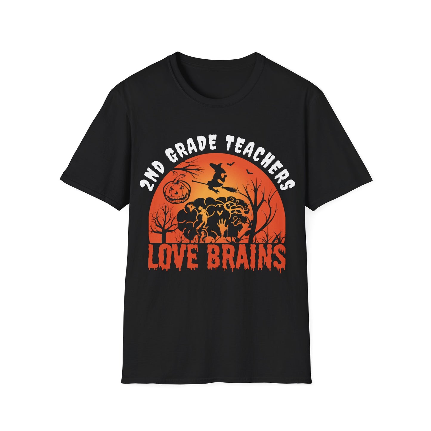 2nd Grade Teachers Love Brains Halloween Shirt | Witch and Pumpkin Zombie Tee