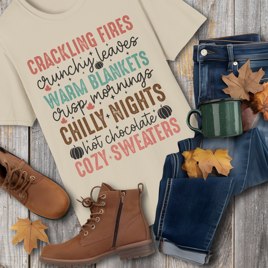 Cozy Fall Vibes Shirt – Crackling Fires + Warm Blankets Autumn T-Shirt