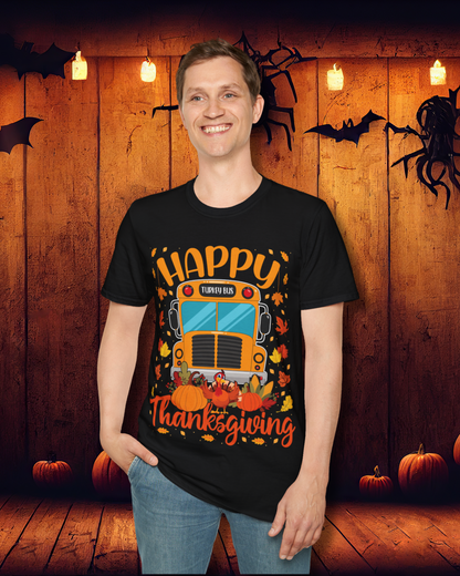 Happy Thanksgiving Turkey Bus Shirt – Cute Teacher + School Thanksgiving T-Shirt