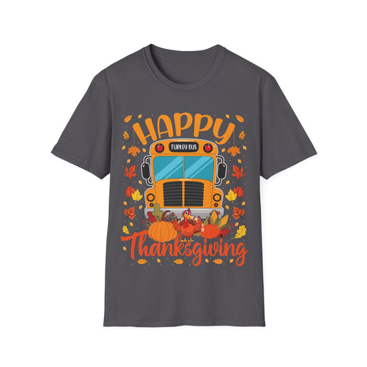 Happy Thanksgiving Turkey Bus Shirt – Cute Teacher + School Thanksgiving T-Shirt