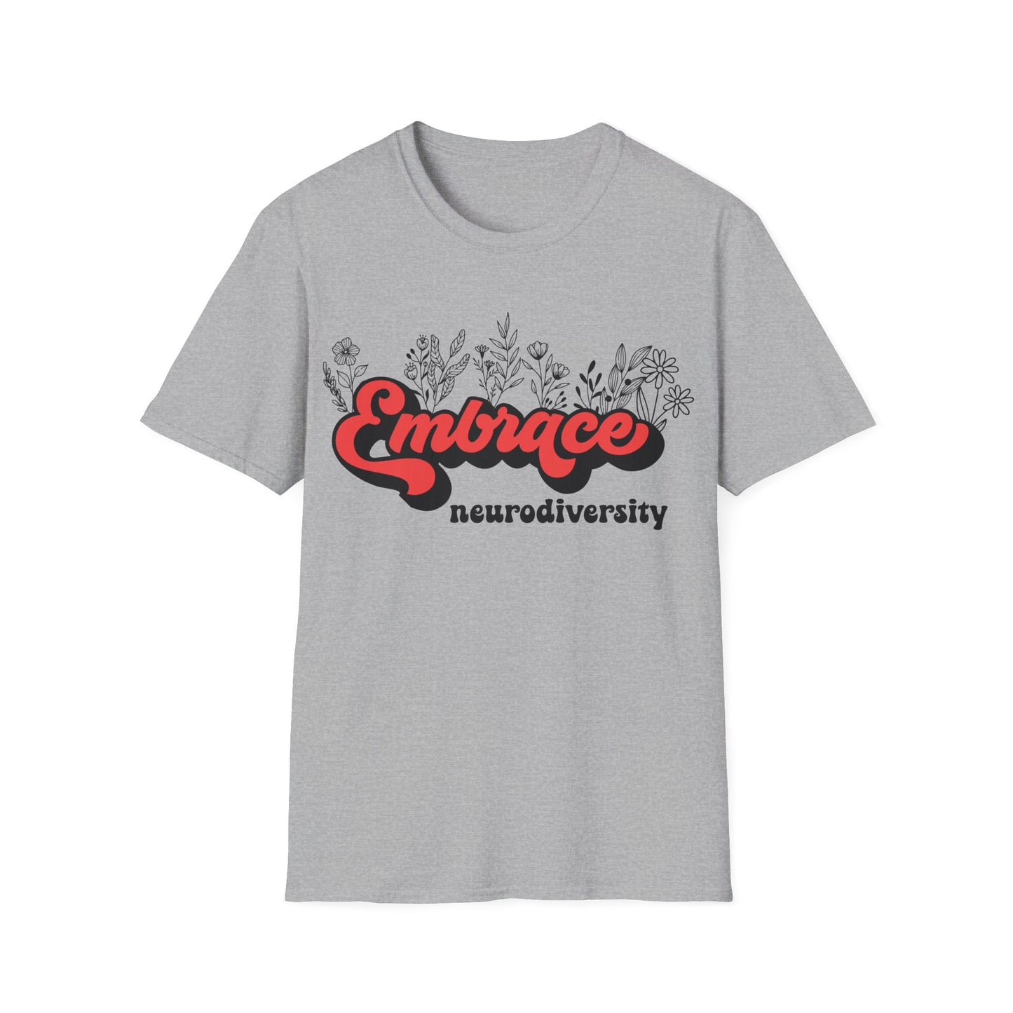 Embrace Diversity Red Graphic - Celebrating Neurodiversity + Inclusion - T-Shirt