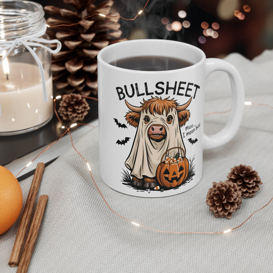Funny Bullsheet Halloween Mug | Highland Cow Ghost Coffee Cup Teacher Gift