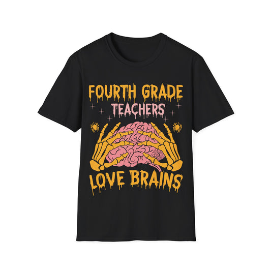 4th Grade Teachers Love Brains Halloween T-Shirt | Skeleton Hands Zombie Tee